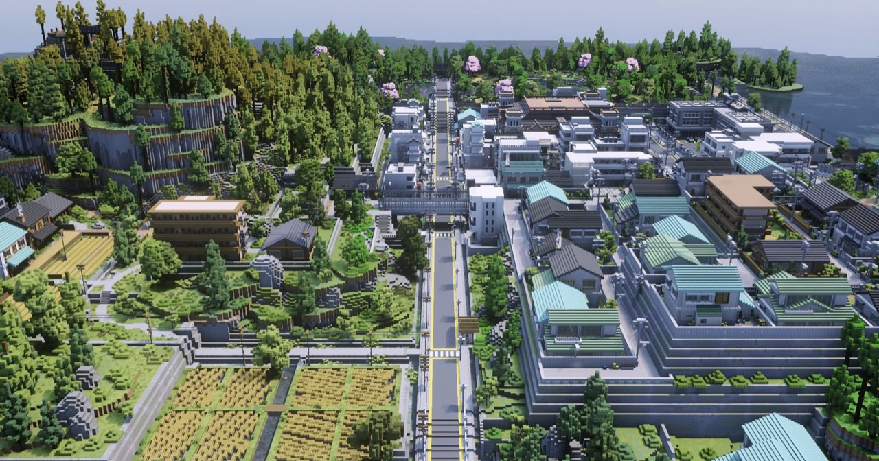 A Japanese town with lush green spaces