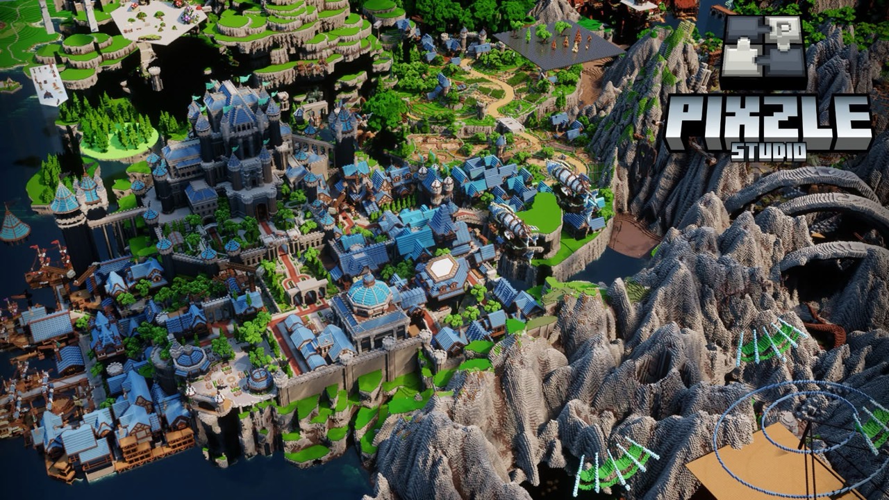 A fantasy castle city surrounded by mountains and waterways